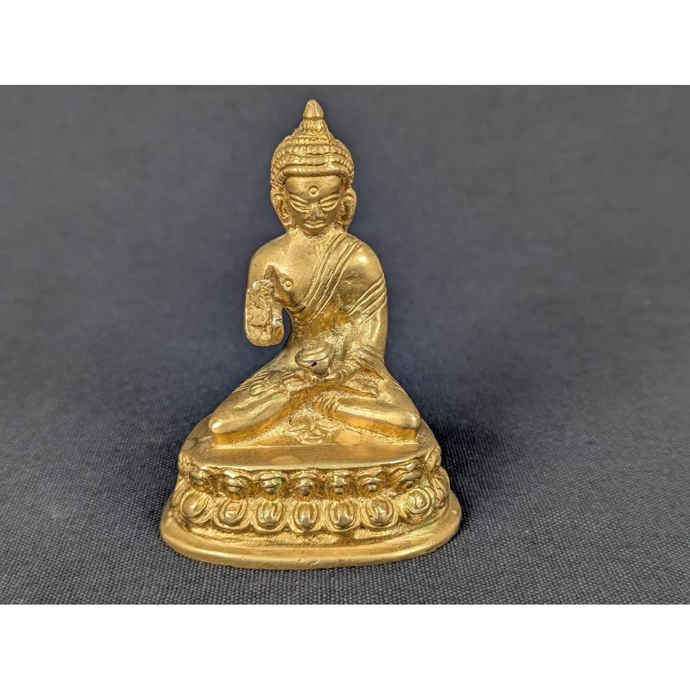 Vintage Brass Seated Buddha Statue Lotus Base Meditating Figure 3.5 Inch